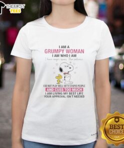 Funny women's tee featuring Snoopy with 'I Am A Grumpy Woman' quote, perfect for casual wear and expressing personality.