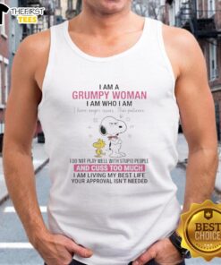 Grumpy woman tank top featuring Snoopy with the quote 'I am who I am and cuss too much' - perfect for casual wear.