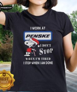 Top Snoopy I Work At Penske Corporation Christmas Ladies Tee featuring Snoopy and motivational text, perfect for holiday gifting.
