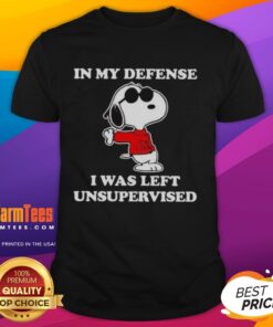 Alt Text: Top Snoopy Joe Cool In My Defense I Was Left Unsupervised T-Shirt featuring a fun graphic design of Snoopy.