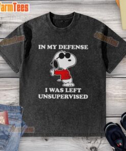 Top Snoopy Joe Cool 'In My Defense I Was Left Unsupervised' washed t-shirt featuring a playful Snoopy graphic design.