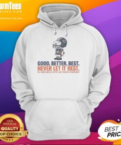Alt Text: Snoopy X Chicago Bears hoodie featuring 'Good Better Best Never Let It Rest' design, perfect for fans.