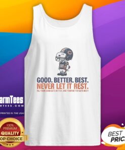 Snoopy x Chicago Bears tank top featuring 'Good, Better, Best, Never Let It Rest' design in vibrant colors.