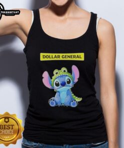 Cosplayer wearing a Dollar General tank top featuring a Top Stitch Crocodile design at a comic convention.