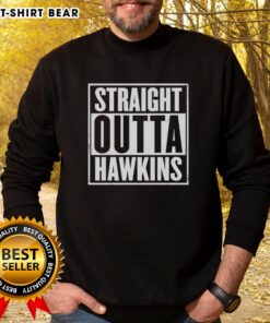 Top Straight Outta Hawkins Stranger Things sweatshirt featuring retro design, perfect for fans of the hit Netflix series.