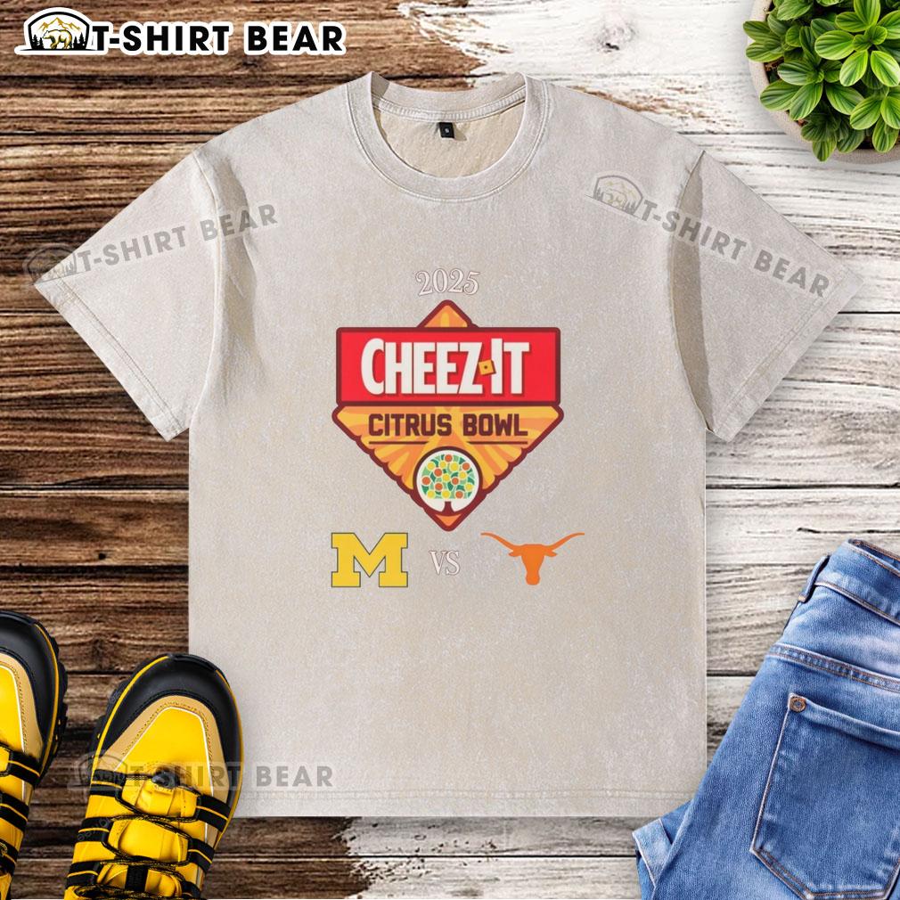 Top Texas Longhorns Michigan Wolverines Vs 2025 Citrus Bowl Washed T Shirt Alt Text: 2025 Citrus Bowl washed t-shirt featuring Texas Longhorns and Michigan Wolverines logos, perfect for fans.