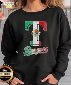 Top Texas Rangers baseball sweatshirt featuring a vibrant Mexican flag design, perfect for fans and stylish game day wear.