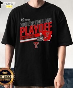 Top Texas Tech Red Raiders 2025 CFB Playoff stripe football helmet T-shirt featuring team colors and logo design.