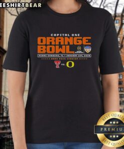 Top Texas Tech vs Oregon 2025 Orange Bowl ladies tee featuring team logos and vibrant colors for fans.