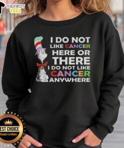 Cozy sweatshirt featuring 'I Do Not Like Cancer Here or There' inspired by The Cat in the Hat, perfect for cancer awareness.