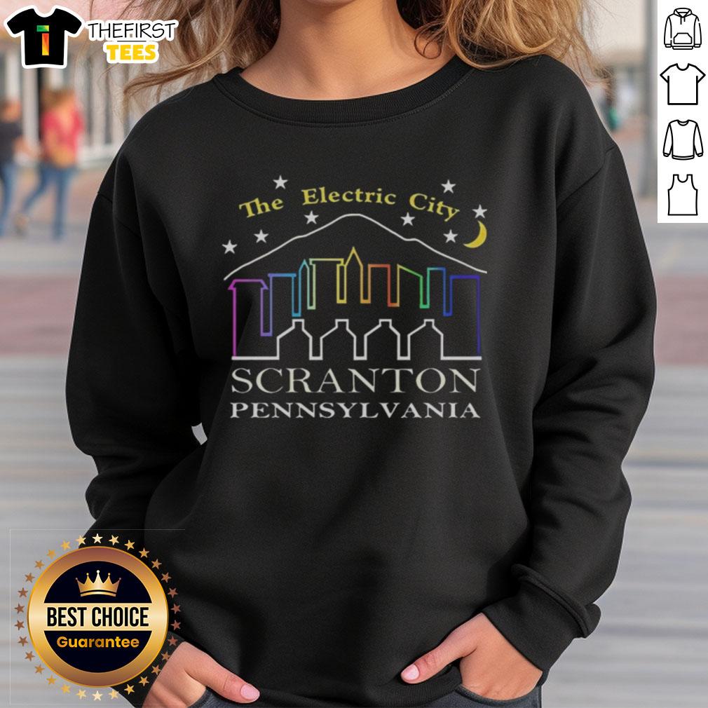 top-the-electric-city-scranton-pennsylvania-sweatshirt Cozy Top The Electric City Scranton Pennsylvania sweatshirt displayed on a wooden background, ideal for local pride.
