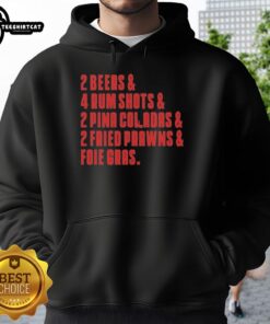 Alt Text: Top The Sopranos hoodie featuring 2 beers, 4 rum shots, 2 pina coladas, fried prawns, and foie gras last meal design.