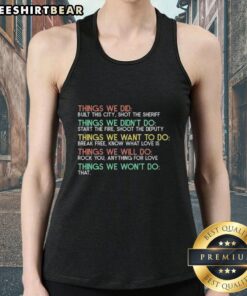 Tank top design featuring 'Top Things We Did in This City' and 'Shoot the Deputy' slogans for trendy summer wear.
