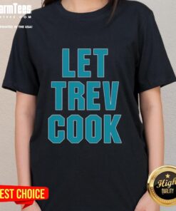 Womens Jacksonville Jaguars tee featuring Trevor Lawrence and 'Let Trev Cook' design, perfect for fans and game day.
