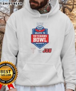 Alt Text: Top Troy Trojans vs Jacksonville State Gamecocks 2025 Salute to Veterans Bowl hoodie showcasing team logos.