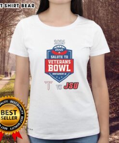 Alt Text: Ladies' tee featuring the Top Troy Trojans vs. Jacksonville State Gamecocks 2025 Salute to Veterans Bowl design.