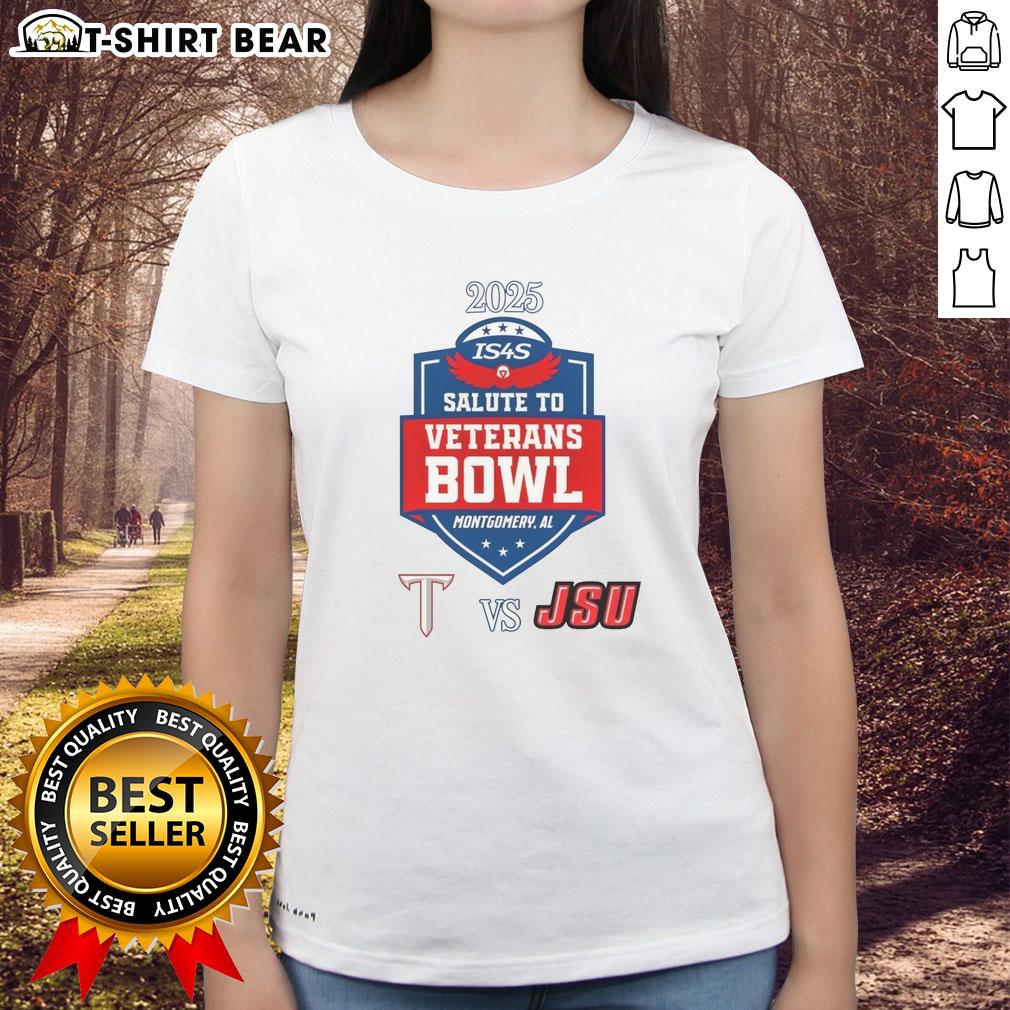 Top Troy Trojans Vs Jacksonville State Gamecocks 2025 Salute to Veterans Bowl Ladies-Tee Alt Text: Ladies' tee featuring the Top Troy Trojans vs. Jacksonville State Gamecocks 2025 Salute to Veterans Bowl design.
