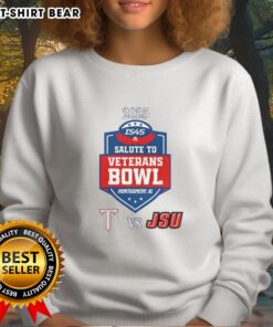 Alt Text: 2025 Salute to Veterans Bowl sweatshirt featuring Top Troy Trojans vs Jacksonville State Gamecocks logo.