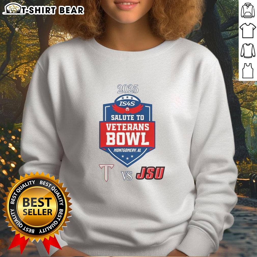 Top Troy Trojans Vs Jacksonville State Gamecocks 2025 Salute to Veterans Bowl Sweatshirt Alt Text: 2025 Salute to Veterans Bowl sweatshirt featuring Top Troy Trojans vs Jacksonville State Gamecocks logo.