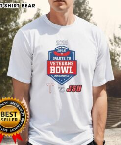 Top Troy Trojans vs Jacksonville State Gamecocks 2025 Salute to Veterans Bowl T-Shirt featuring team logos and vibrant design.