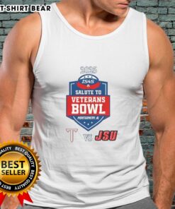 Top Troy Trojans vs Jacksonville State Gamecocks 2025 Salute to Veterans Bowl tank top design featuring team logos.