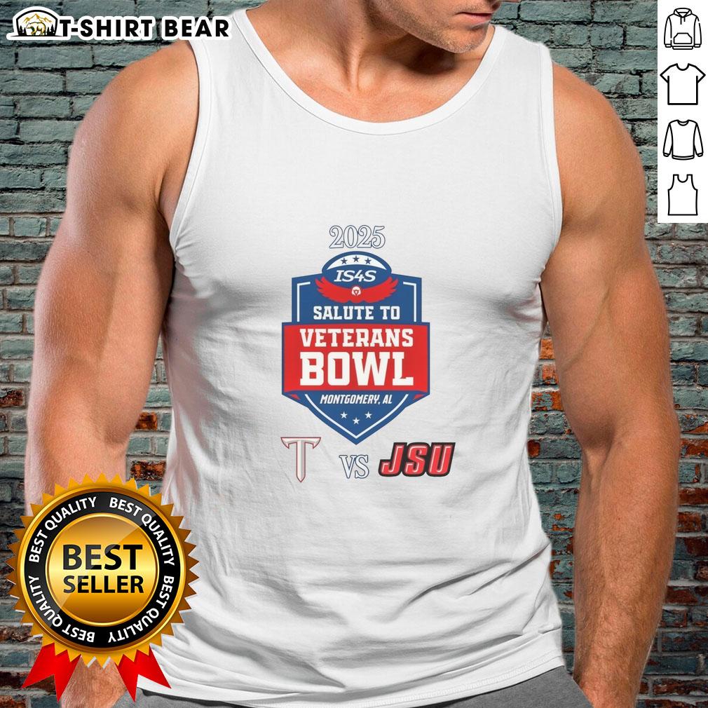 Top Troy Trojans Vs Jacksonville State Gamecocks 2025 Salute to Veterans Bowl Tank Top Top Troy Trojans vs Jacksonville State Gamecocks 2025 Salute to Veterans Bowl tank top design featuring team logos.