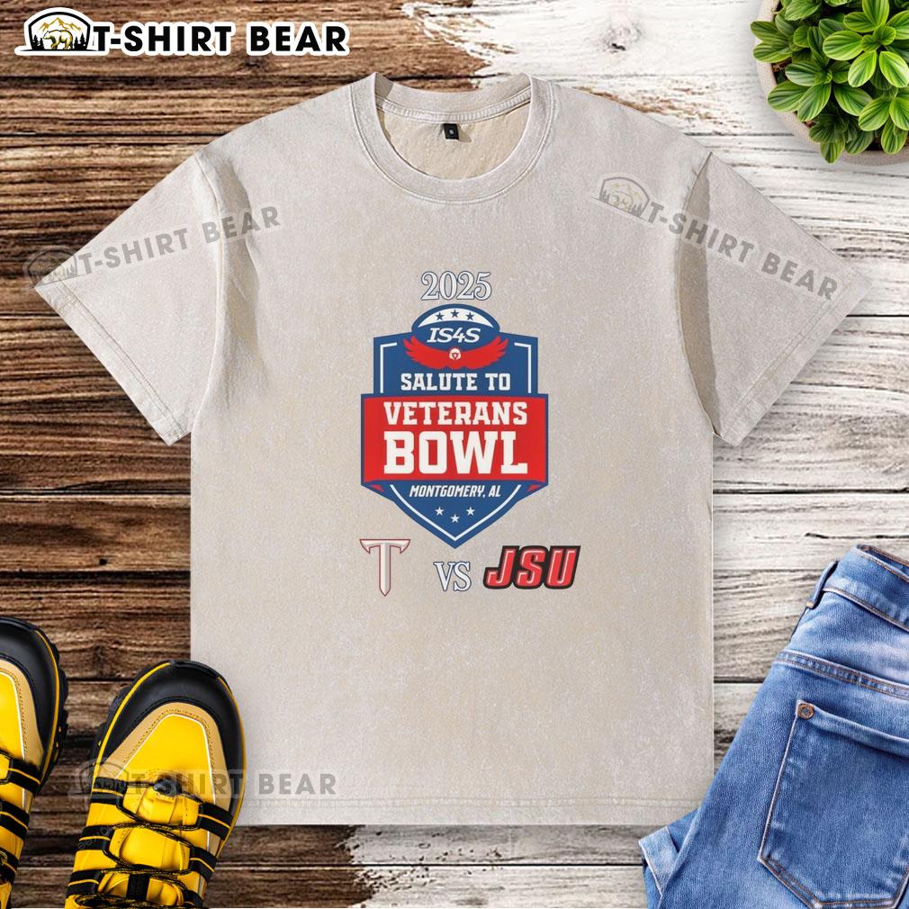 Top Troy Trojans Vs Jacksonville State Gamecocks 2025 Salute to Veterans Bowl Washed T-Shirt Alt Text: Top Troy Trojans vs Jacksonville State Gamecocks 2025 Salute to Veterans Bowl washed t-shirt showcasing team pride.