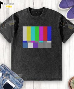 Top TV test pattern color bar washed t-shirt featuring vibrant color bars on a soft fabric for a retro look.