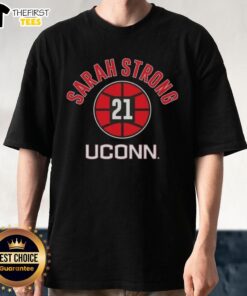 Alt Text: UConn Huskies basketball t-shirt featuring Sarah Strong, name and number 21, perfect for fans and sports enthusiasts.