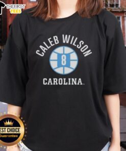 Top UNC Tar Heels basketball Caleb Wilson name number ball ladies tee featuring team colors and logo design.