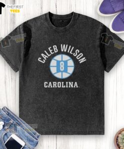 Alt Text: Top UNC Tar Heels Basketball Caleb Wilson Name Number Ball 8Q Washed T-Shirt featuring team colors and logo.