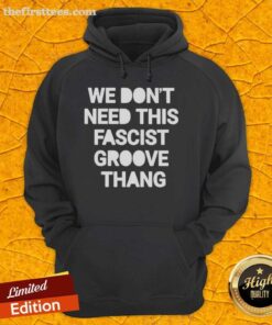 Alt Text: Top We Don't Need This Fascist Groove Thang hoodie displayed on a mannequin, highlighting its unique design and message.