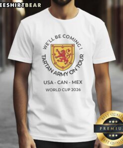 Top We'll Be Coming Tartan Army on Tour World Cup 2026 Canada Mexico USA logo t-shirt design featuring vibrant colors.