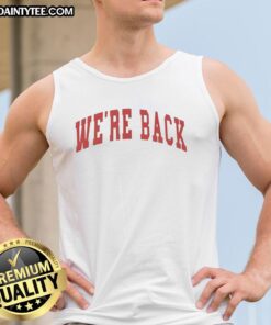 Red letter tank top featuring 'Top We're Back' slogan, perfect for casual summer outfits and trendy fashion styles.