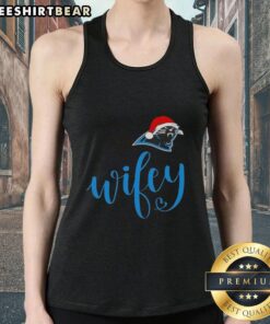 Carolina Panthers Santa hat tank top for women, perfect for Christmas celebrations and game day cheer. Merry Christmas!