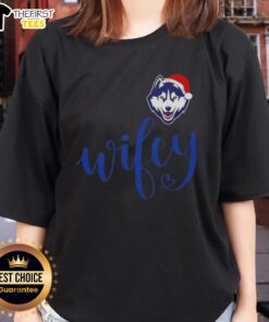 Connecticut Huskies ladies tee with Santa hat, perfect for Christmas celebrations. Top Wifey design for festive fans.