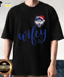Alt Text: Top Wifey Connecticut Huskies Santa Hat Merry Christmas T-Shirt design featuring festive graphics and holiday cheer.