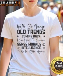 Trendy t-shirt featuring the phrase 'Common Sense Morals and Intelligence' reflecting vintage styles and modern values.