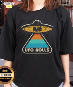 Retro ladies tee featuring the Top Wu-Tang Clan X UFO Rolls logo, perfect for fans of hip-hop and stylish streetwear.