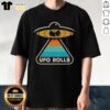 Top Wu Tang Clan X UFO Rolls logo retro T-shirt featuring bold graphics on a stylish black fabric background.