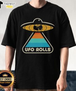 Top Wu Tang Clan X UFO Rolls logo retro T-shirt featuring bold graphics on a stylish black fabric background.