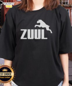 Top Zuul Logo Parody Ladies Tee featuring a playful design inspired by the classic Zuul logo, perfect for fans.
