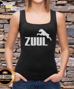 Top-Zuul logo parody tank top featuring a playful twist on the iconic design for fans of unique graphic apparel.