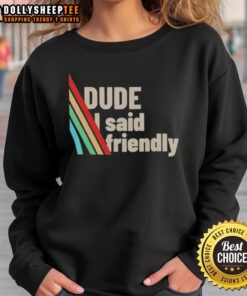 Alt Text: Funny dude wearing a Friendly ARC Raiders sweatshirt, showcasing a playful design and vibrant colors.