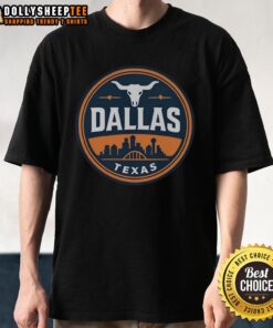 Alt Text: Funny vintage Dallas Texas western skyline retro T-shirt featuring a colorful graphic of the city's iconic skyline.