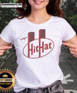 Funny KitKat hit hat meme featuring Twin Towers incident, perfect for ladies' tee design, blending humor and history.