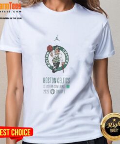 Stylish Boston Celtics Eastern Conference 2025 ladies' tee featuring vibrant team colors and logo, perfect for fans.