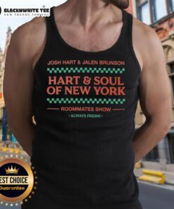 Josh Hart and Jalen Brunson wearing 'Hart and Soul of New York' tank tops, showcasing their friendship and style.