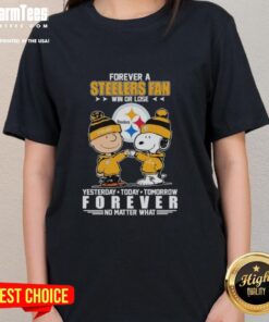 Pretty Charlie Brown fist bump with Snoopy, showcasing Pittsburgh Steelers fan spirit on a ladies tee, win or lose.