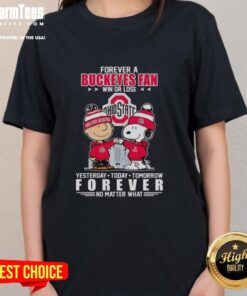 Alt Text: Pretty Charlie Brown fist bump with Snoopy, celebrating Ohio State Buckeyes fandom in a stylish ladies tee.